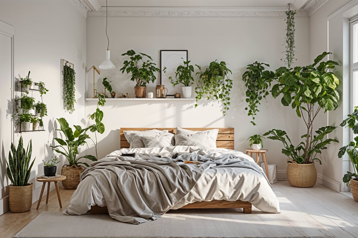 Bedroom with a large bed and several potted plants. The room has a Scandinavian design style.