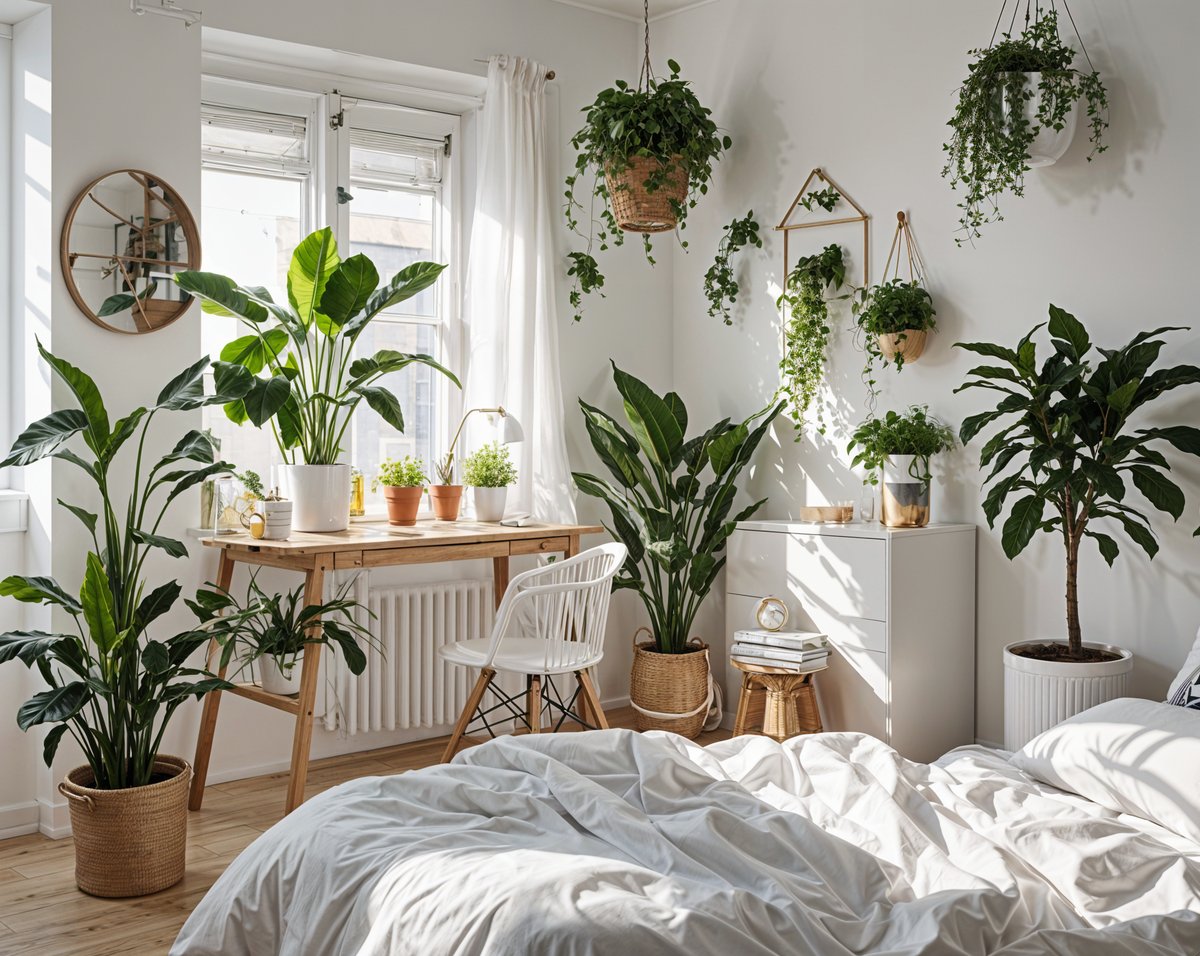 Scandinavian bedroom with a white bed and many potted plants