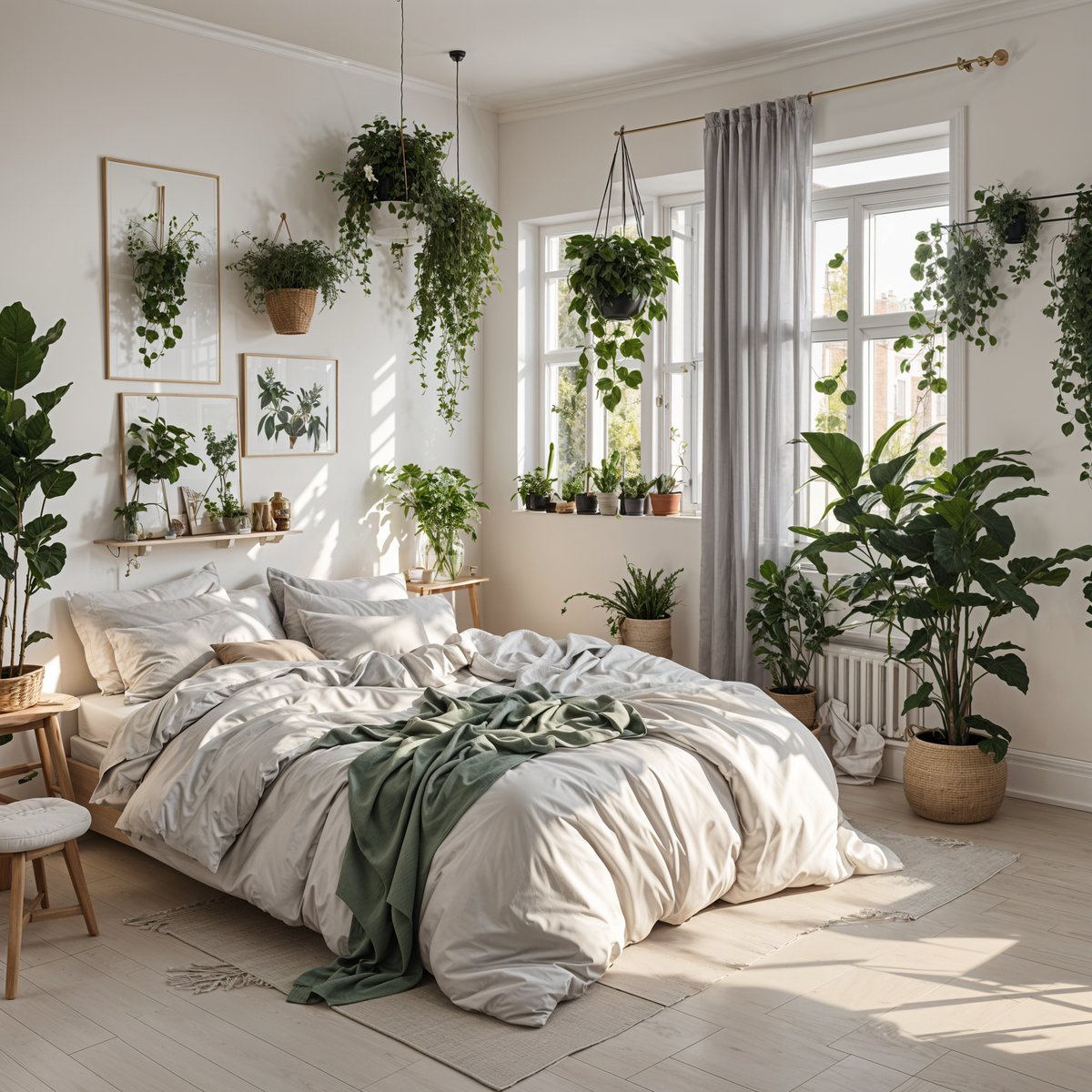 Scandinavian bedroom with a large bed and many potted plants