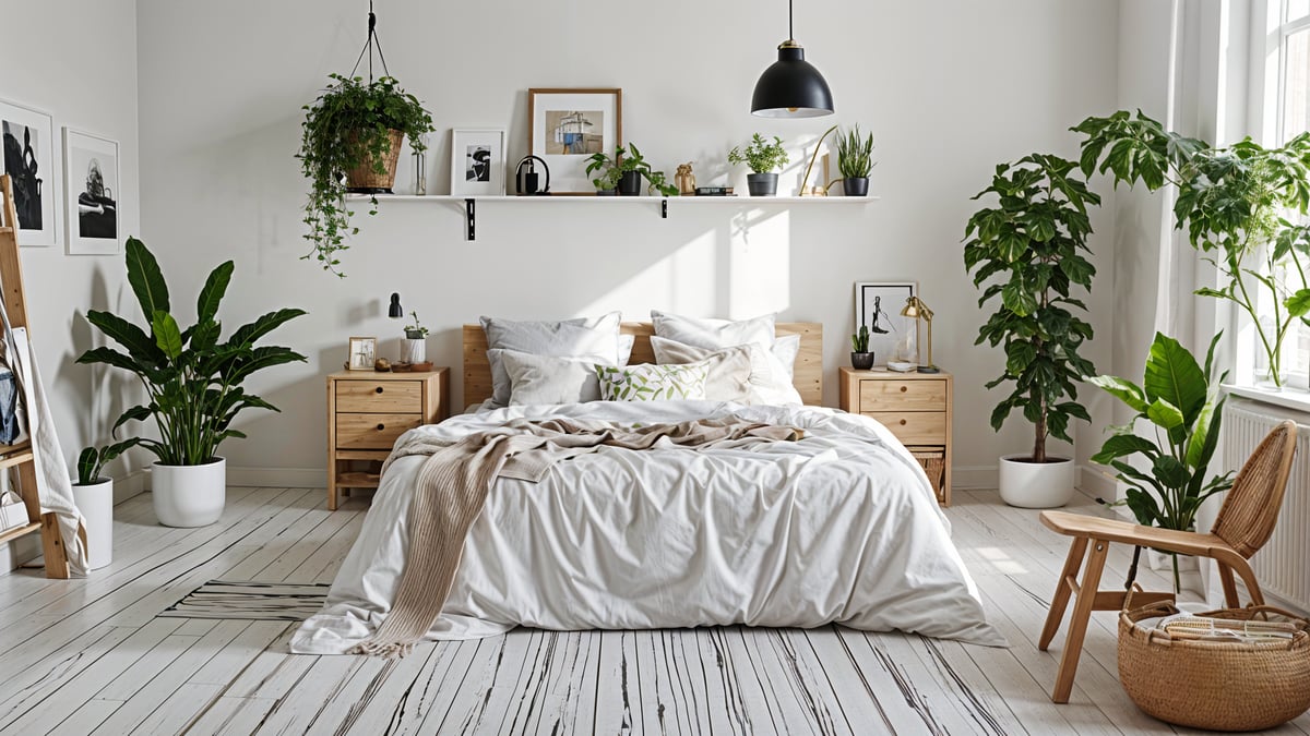 A bedroom with a bed and a shelf above it. The bed has white sheets and pillows, and there are several potted plants in the room. The shelf has a collection of books and vases. The room has a Scandinavian design style, with minimalist decor and a focus on natural elements.