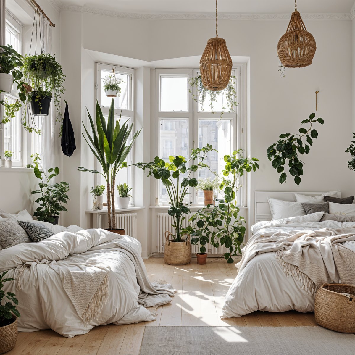 Scandinavian bedroom with two beds, white blankets, and numerous potted plants.