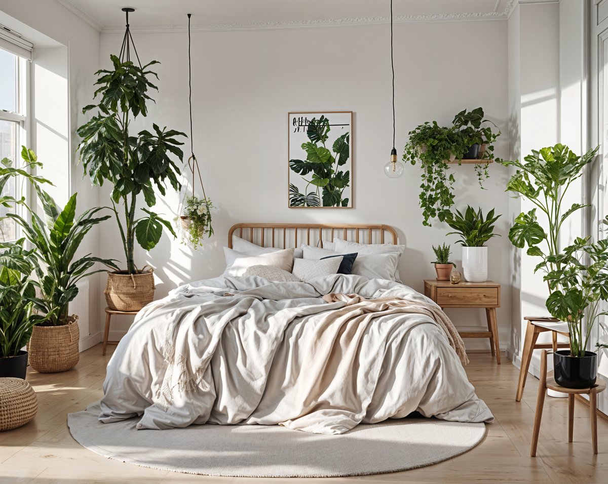 Scandinavian bedroom with a large bed, rug, and potted plants