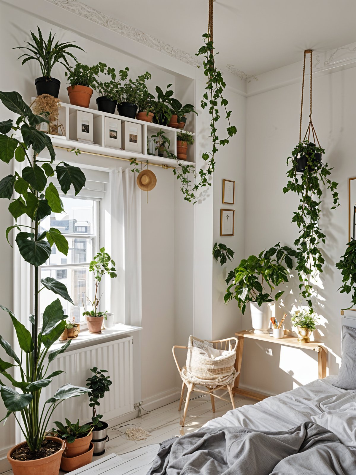 A white bedroom with a large window and a variety of potted plants.