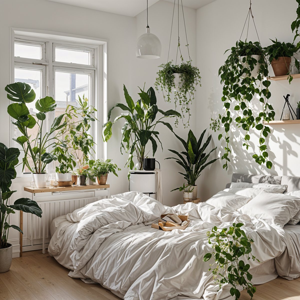 A bedroom with a bed and several potted plants. The bed is covered with white sheets and blankets. The room has a Scandinavian design style with white walls and a white bed. The room also features a large window that allows for plenty of natural light to enter the space.