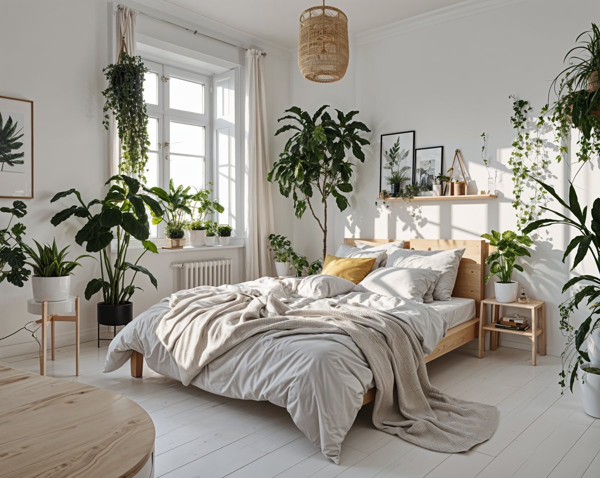 A bedroom with a large bed, white sheets, and blankets, and several potted plants.