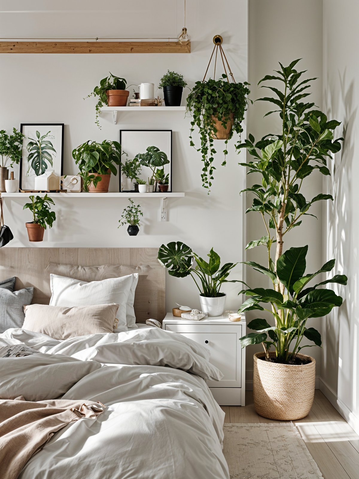 Scandinavian-style bedroom with a white bed and dresser, surrounded by potted plants