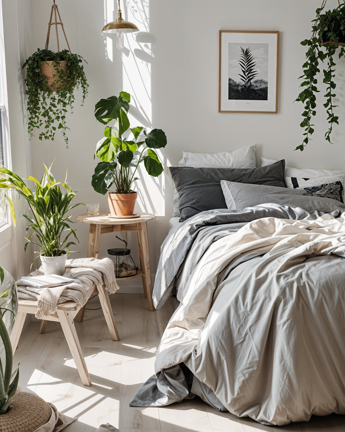 A bedroom with a large bed, grey comforter, and potted plants. The room has a Scandinavian design style.