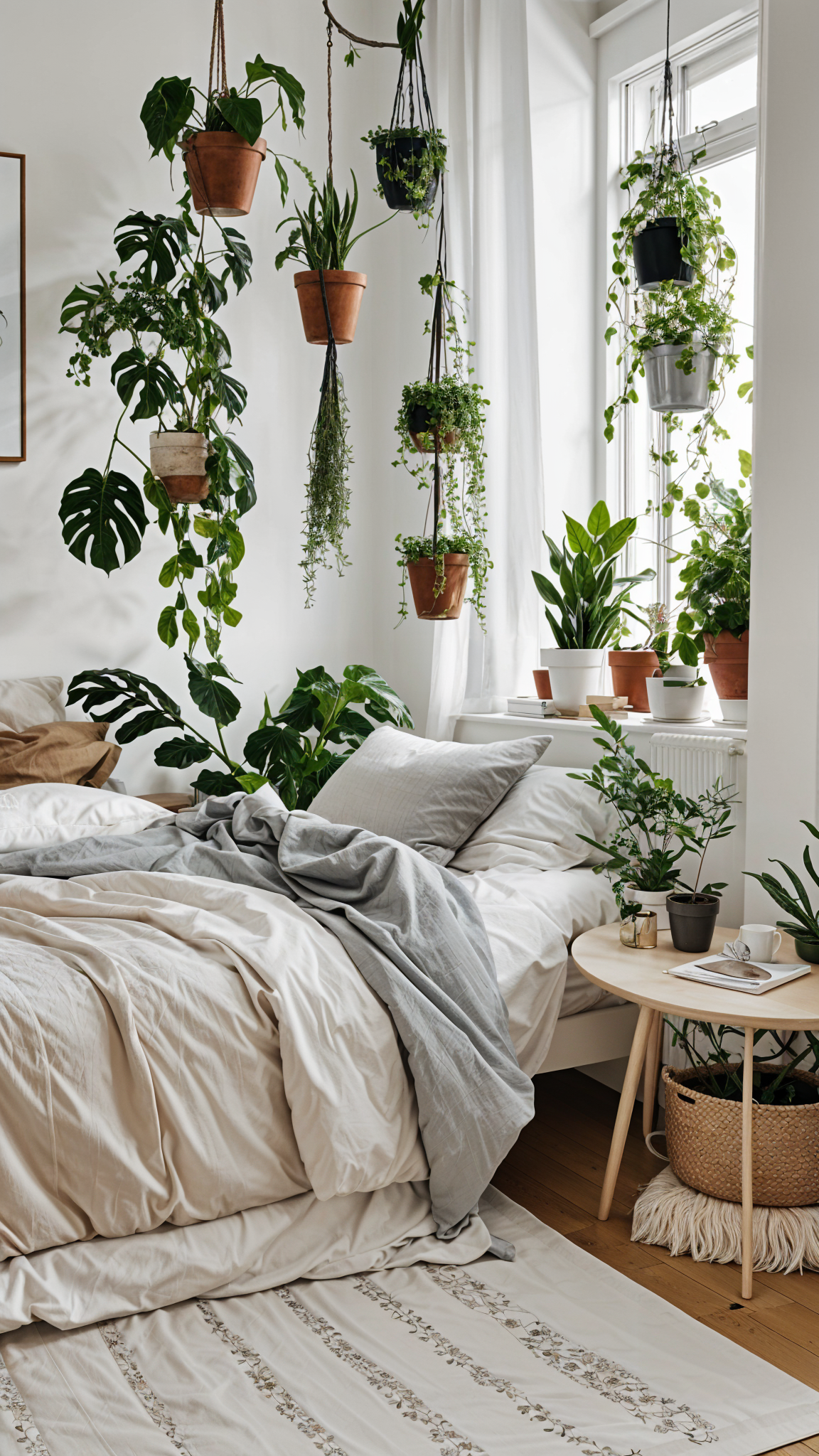 Scandinavian style bedroom with a bed under a window and many potted plants hanging from the ceiling.