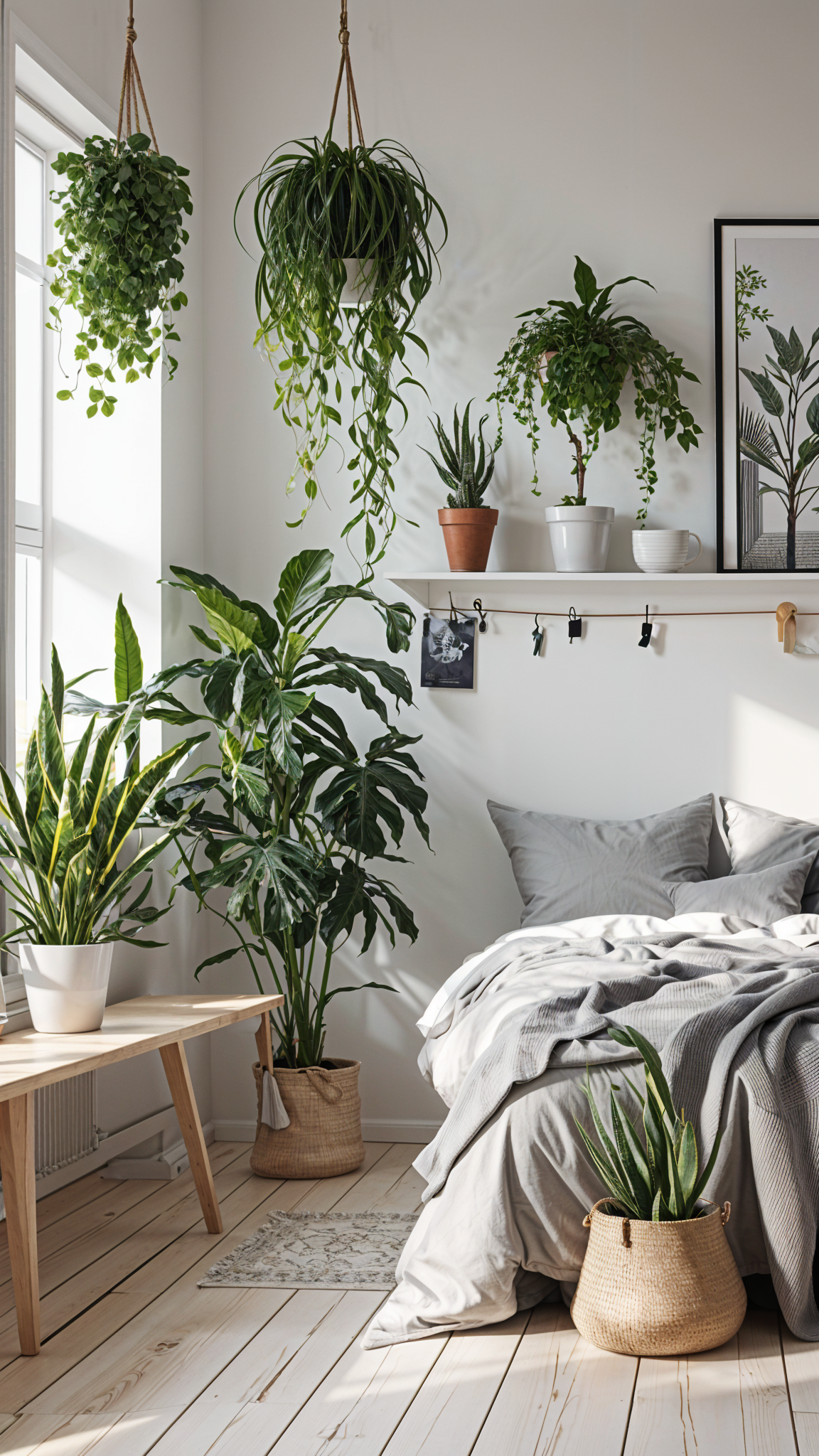 Scandinavian bedroom with a large bed and several potted plants