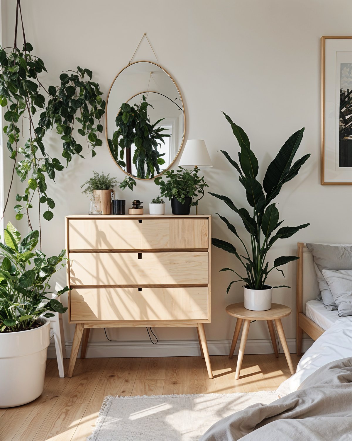 A white dresser with a mirror and several potted plants, including a large leafy plant and a small plant.