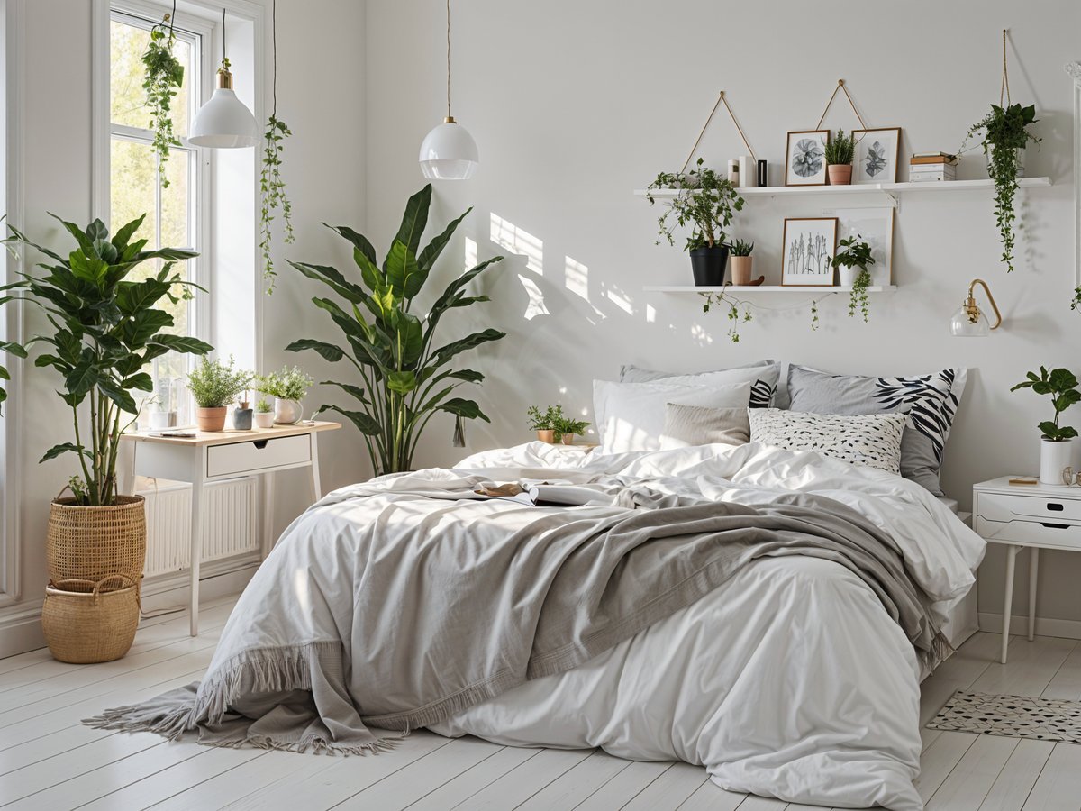 A cozy bedroom with a white bed and white rug, decorated with potted plants in a Scandinavian style.