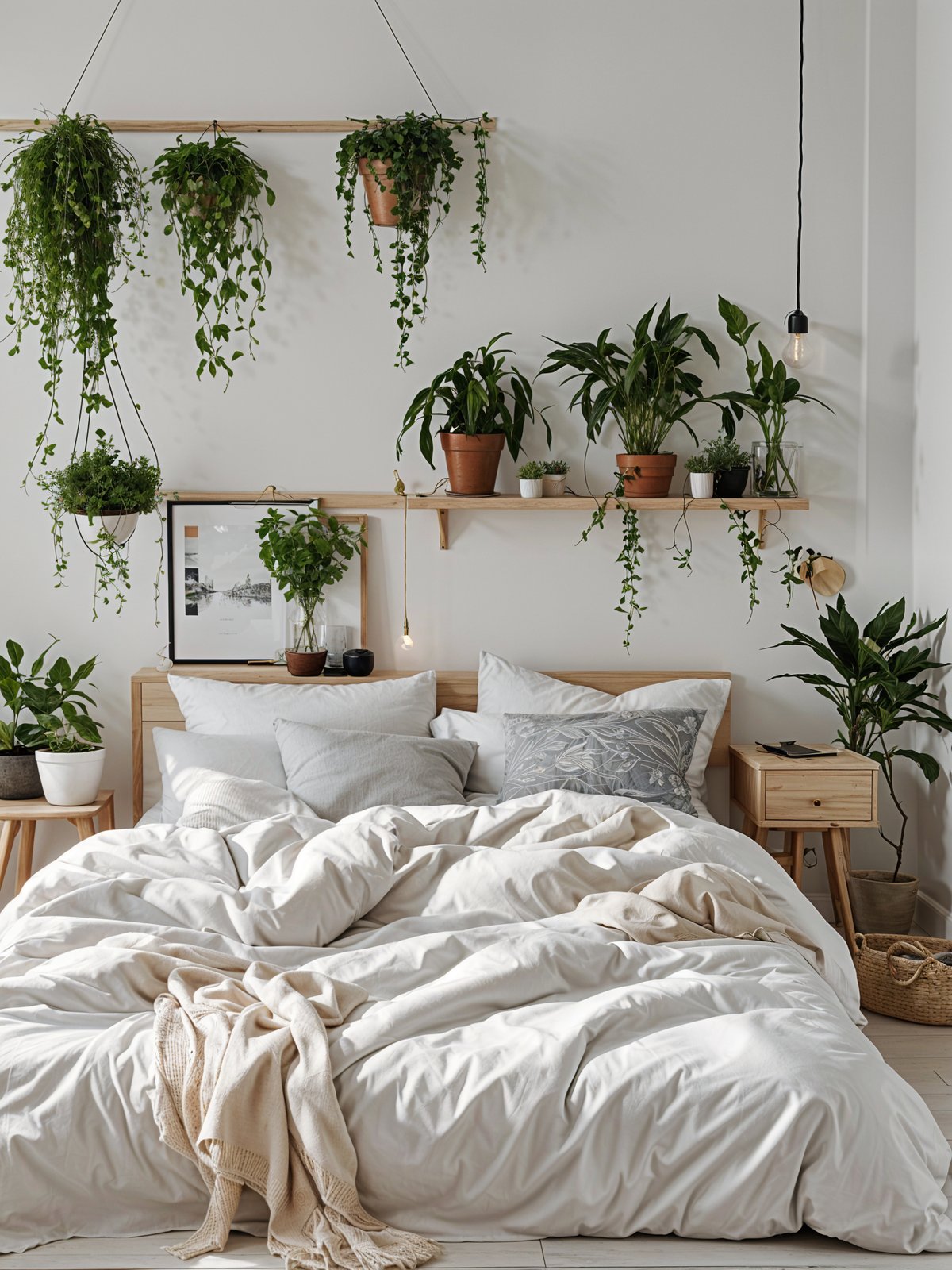 A bedroom with a white bed and a shelf full of potted plants. The bed is covered with a white comforter and has a few pillows on it.