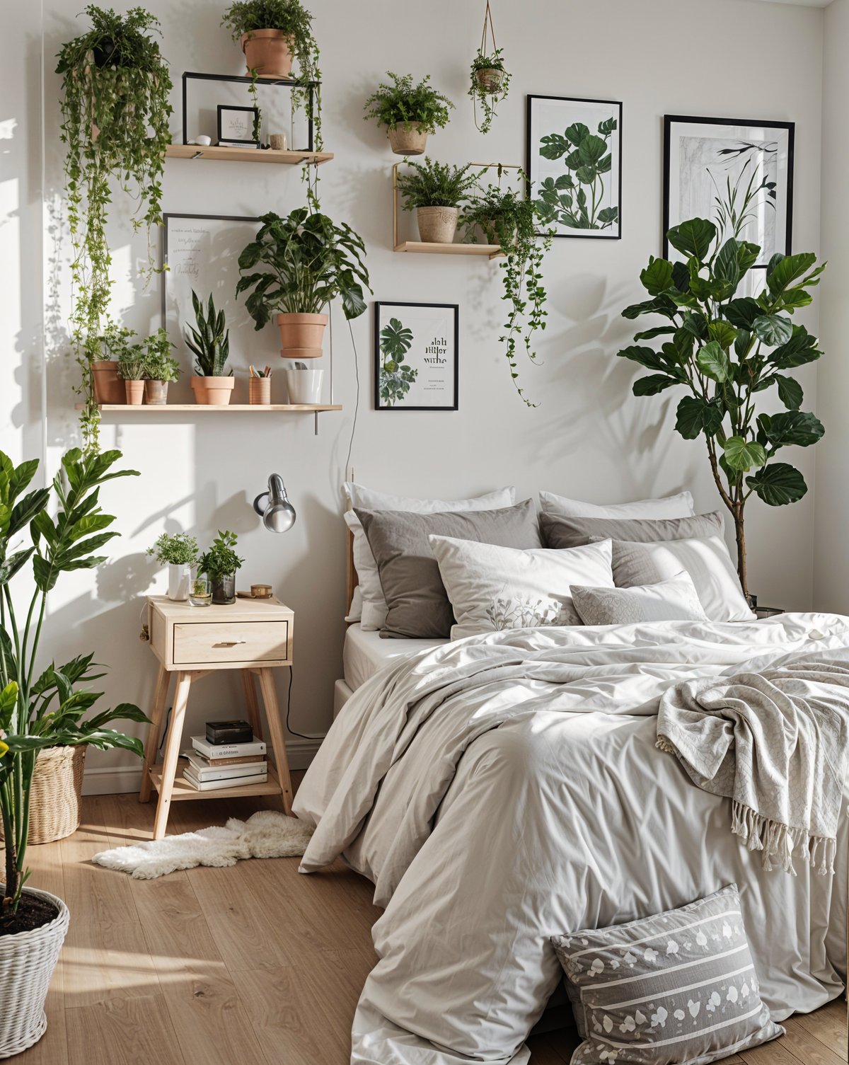 Scandinavian bedroom with white bed, nightstand, and potted plants