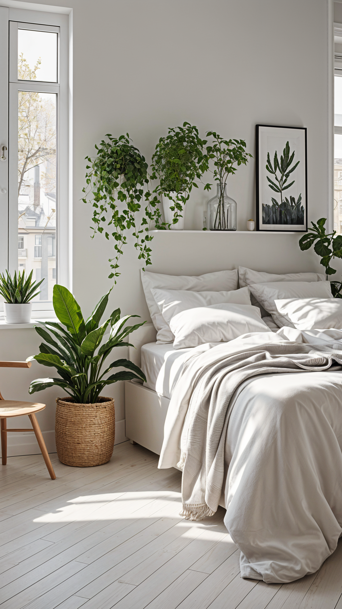 A cozy bedroom with a white bed and a variety of potted plants. The room has a Scandinavian design style.