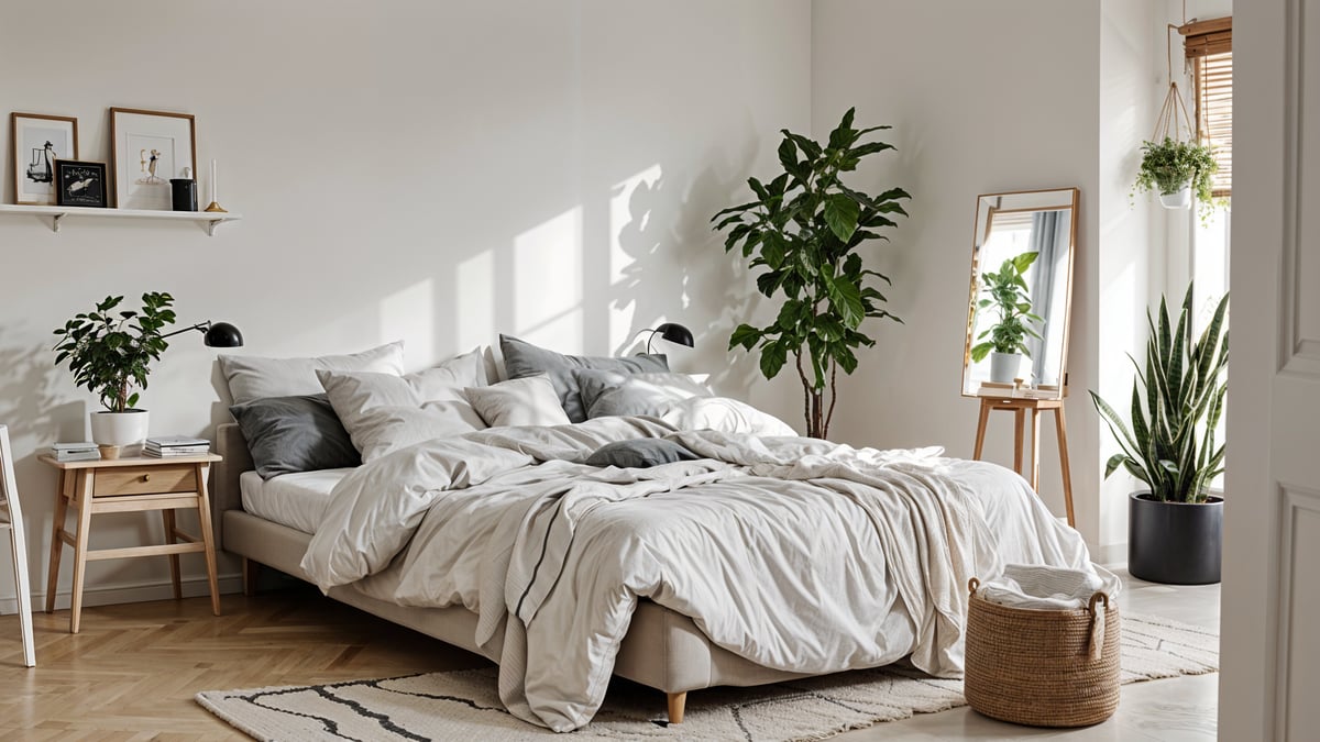 A bedroom with a large bed, white comforter, and potted plants. The room has a minimalist and elegant design.