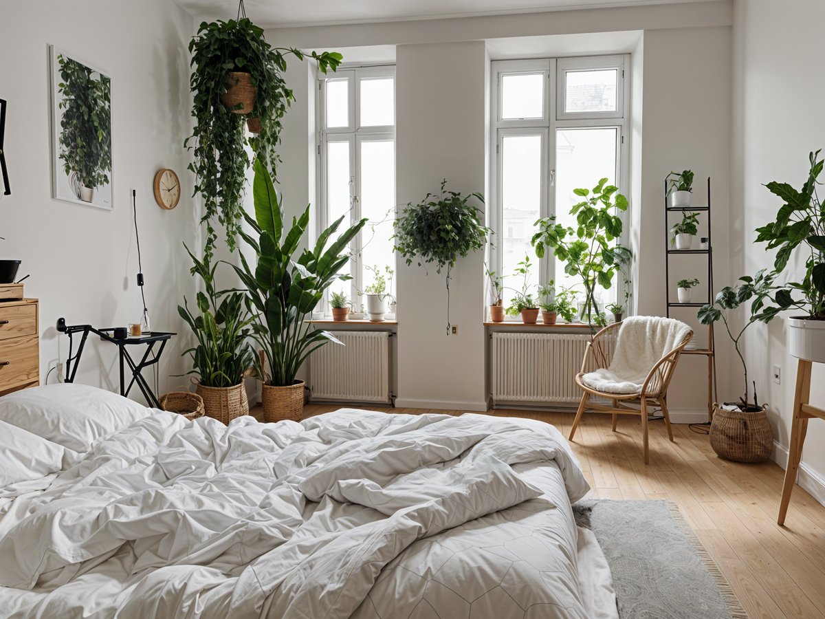 A cozy bedroom with a white comforter and many potted plants. The room has a Scandinavian design style.