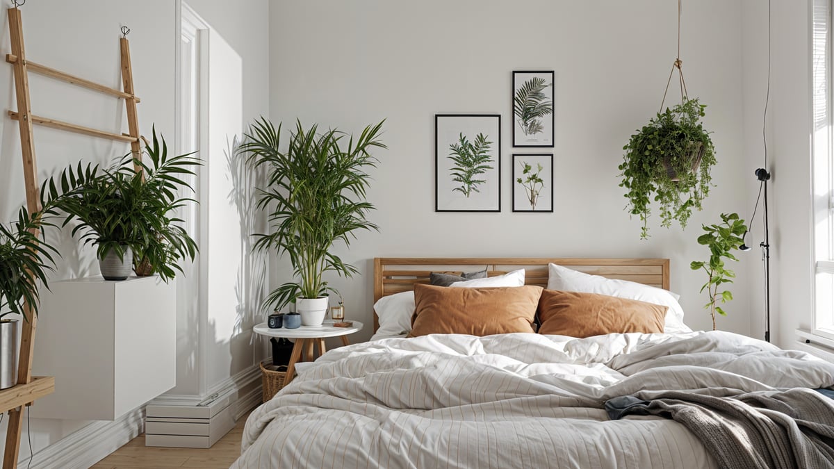 A bedroom with a white bed, brown pillows, and a few potted plants. The room is decorated with a few framed pictures on the wall.