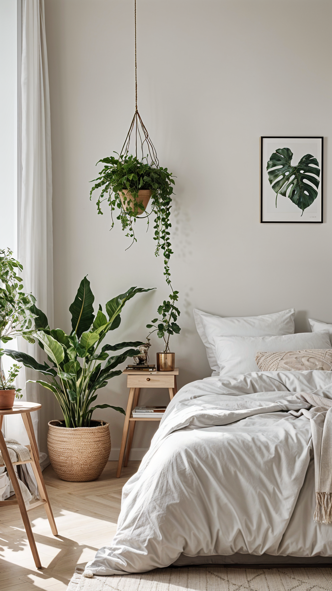 Scandinavian bedroom with a white bed and potted plants