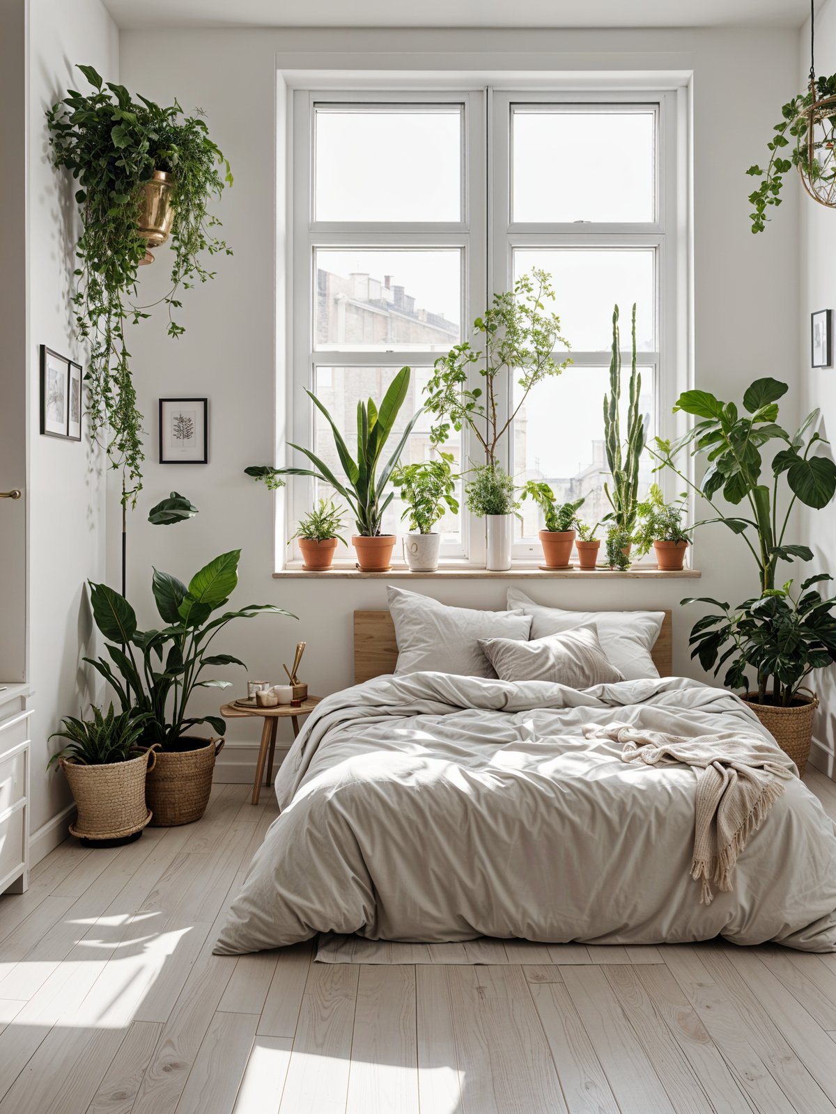 Scandinavian bedroom with a large bed and potted plants by the window