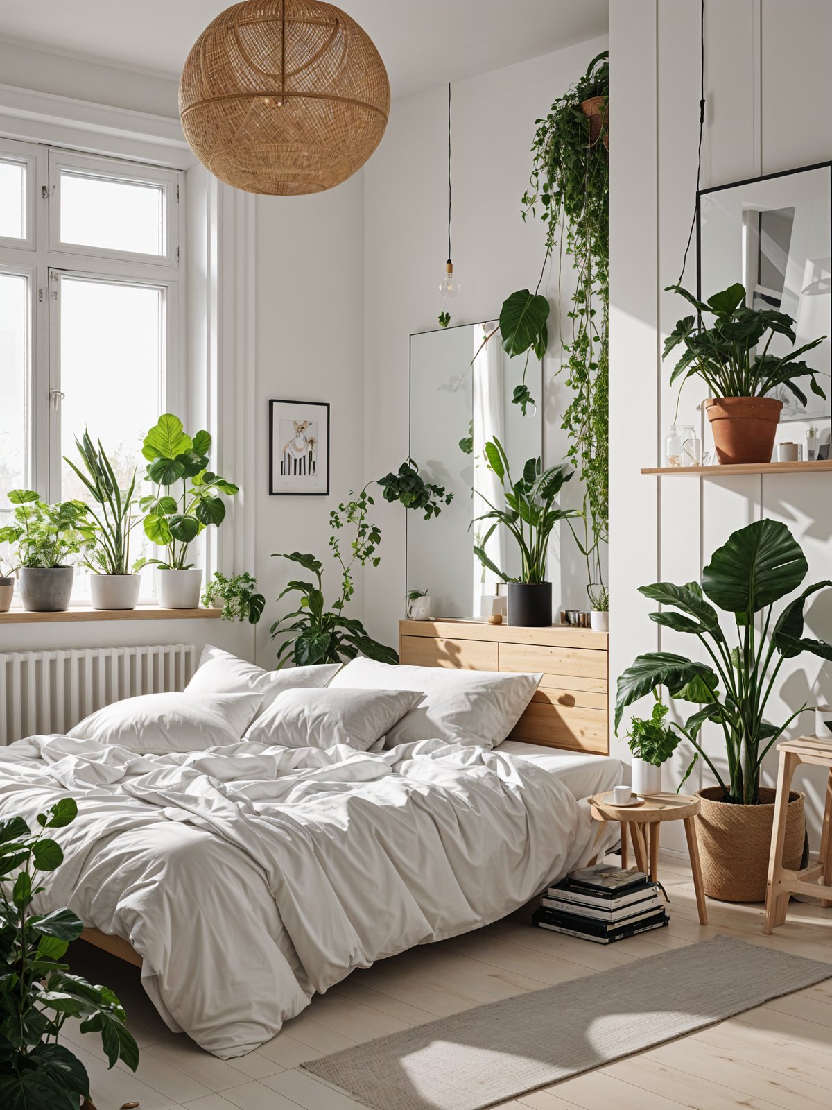 A bedroom with a white bed and many potted plants, giving it a Scandinavian feel.