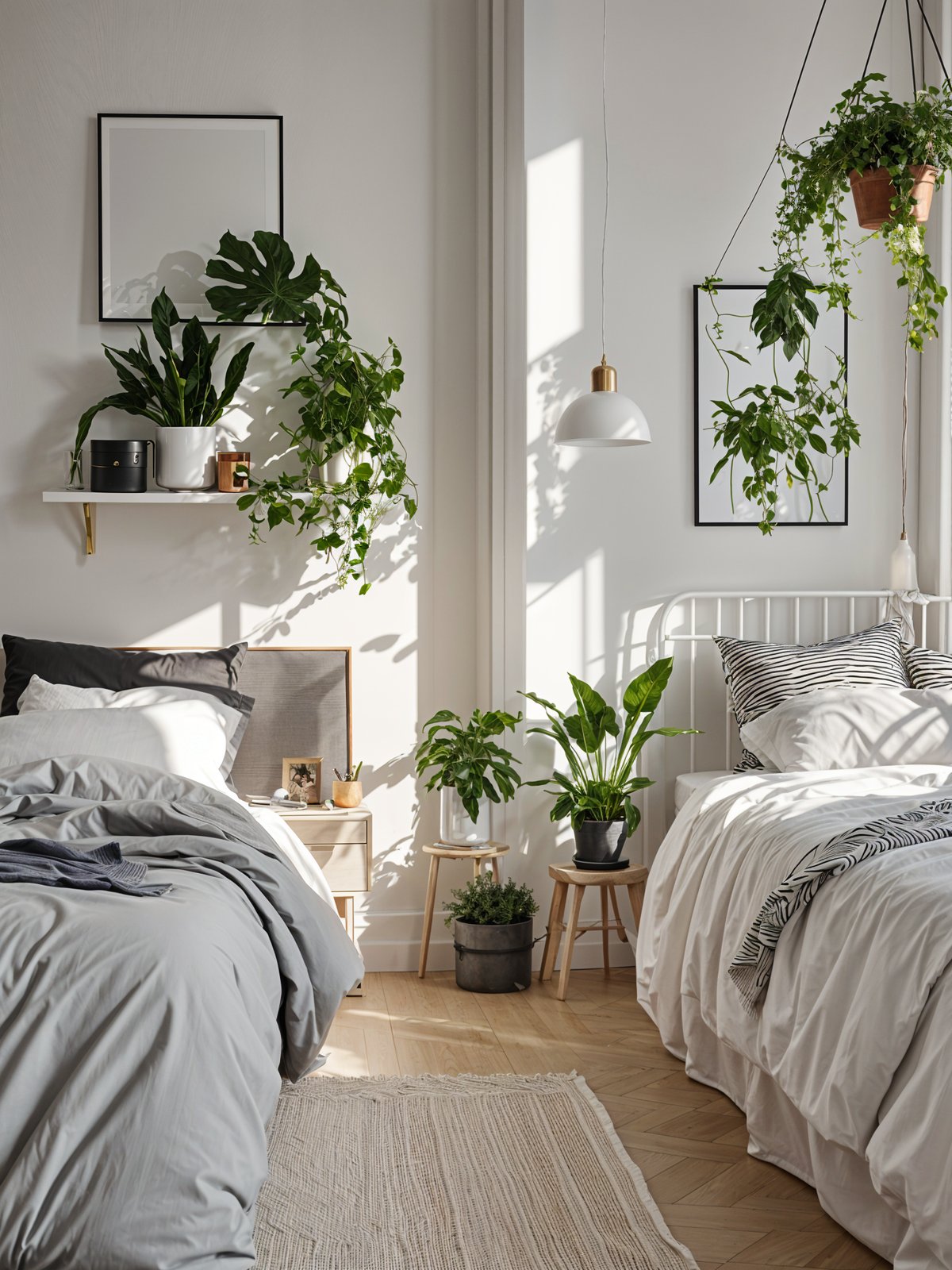 Scandinavian bedroom with two beds and potted plants