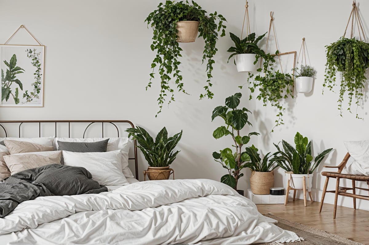 A bedroom with a white bed and a variety of potted plants hanging from the ceiling and placed on the floor.