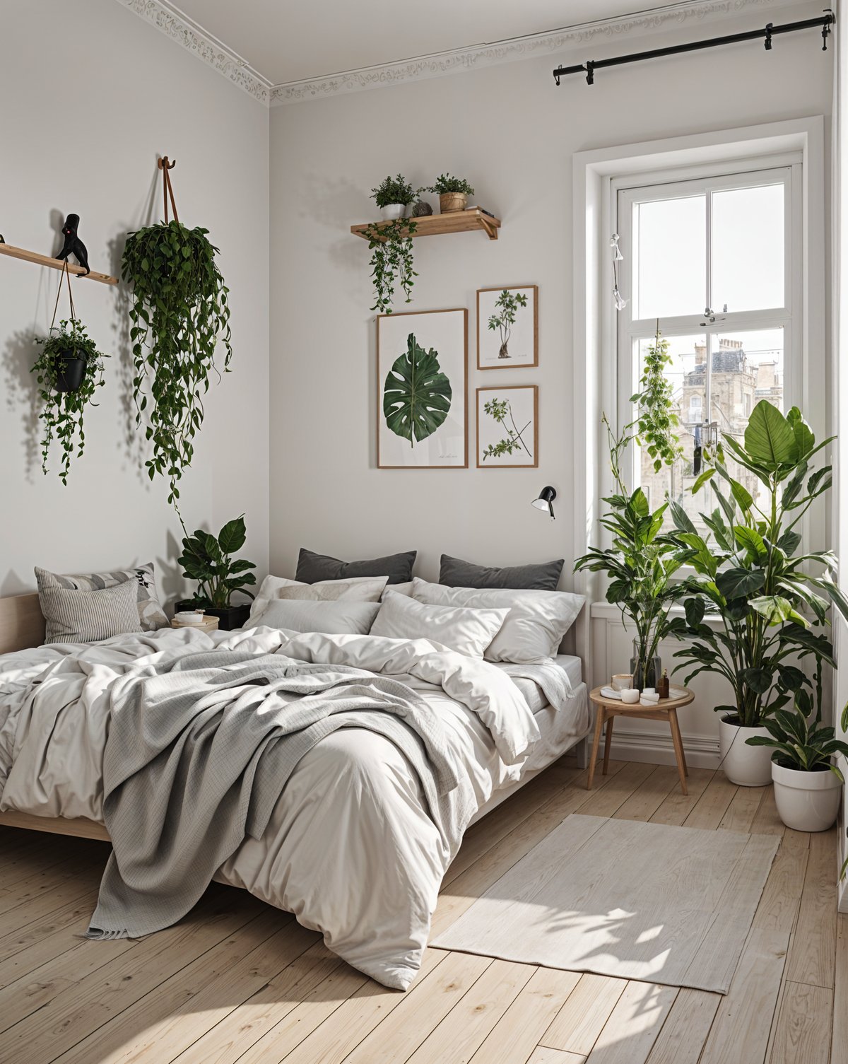 A cozy bedroom with a white bed and several potted plants. The room has a Scandinavian design style, featuring a large window that allows natural light to fill the space.