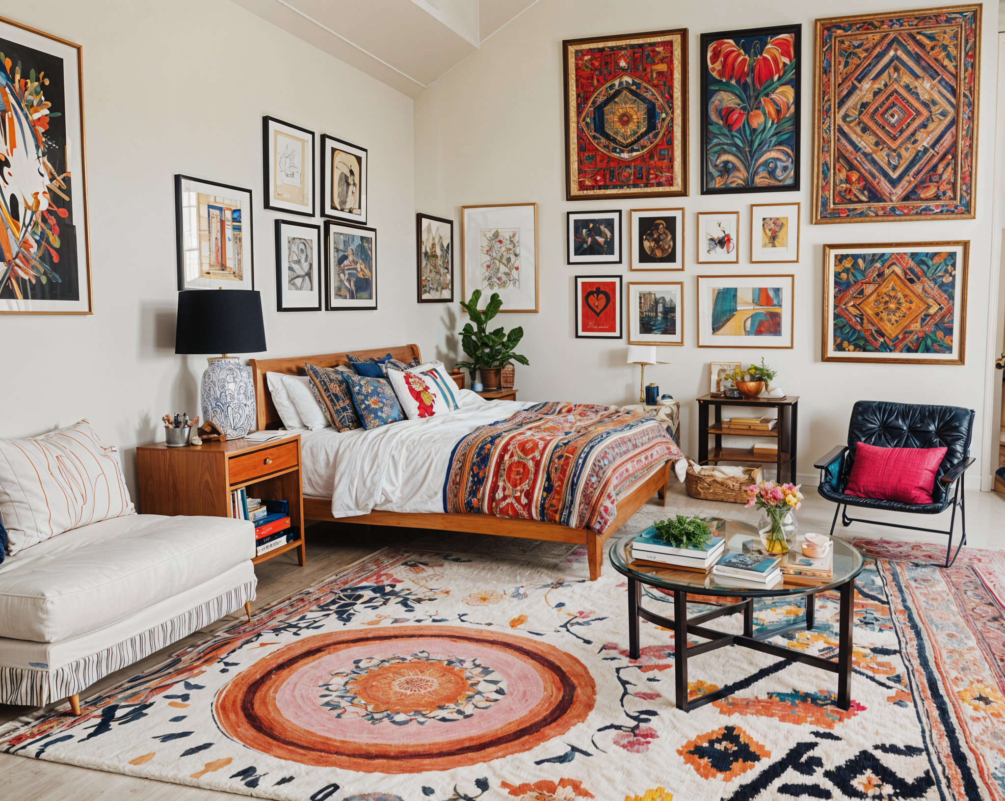 Colorful eclectic bedroom with a large bed, couch, coffee table, rug, and potted plant.