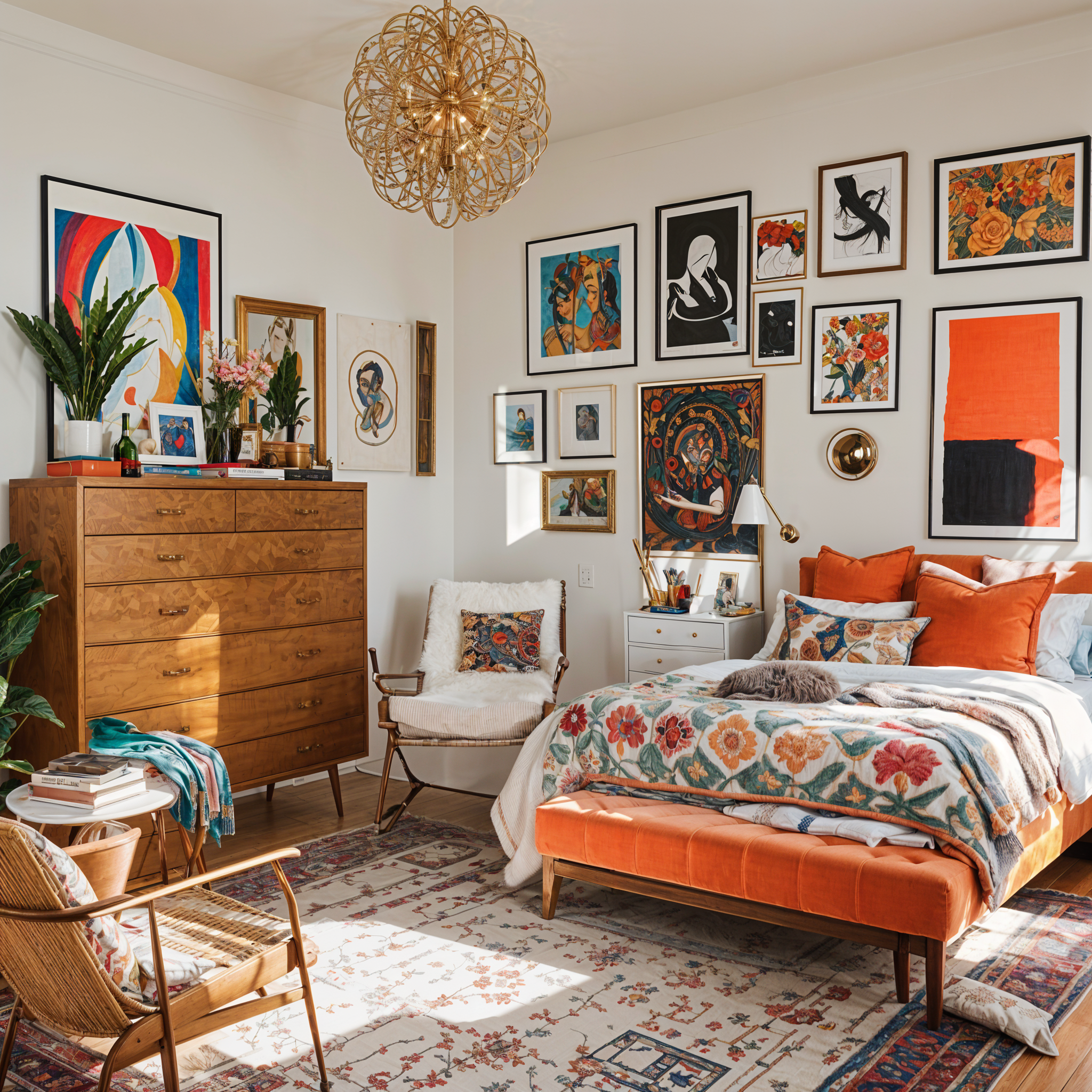 Eclectic bedroom with a colorful quilt, chair, dresser, potted plant, and vase.