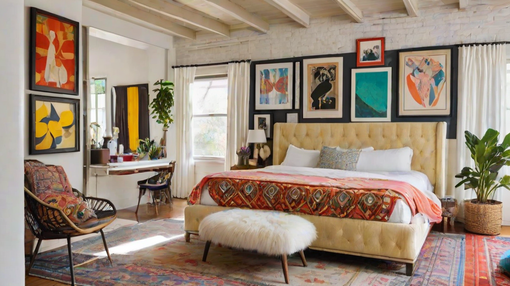 Eclectic bedroom with a large bed, furry ottoman, and various art pieces on the walls. The room features a mix of different styles and colors, creating a unique and inviting atmosphere.