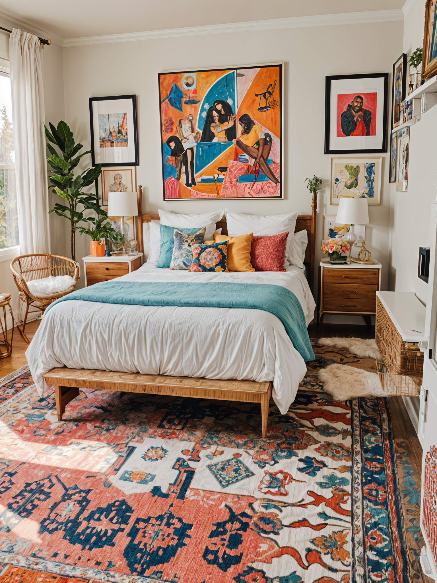 A bedroom with a large bed, wooden frame, green and blue comforter, and several pillows. The room also contains a chair, a potted plant, and a few vases.