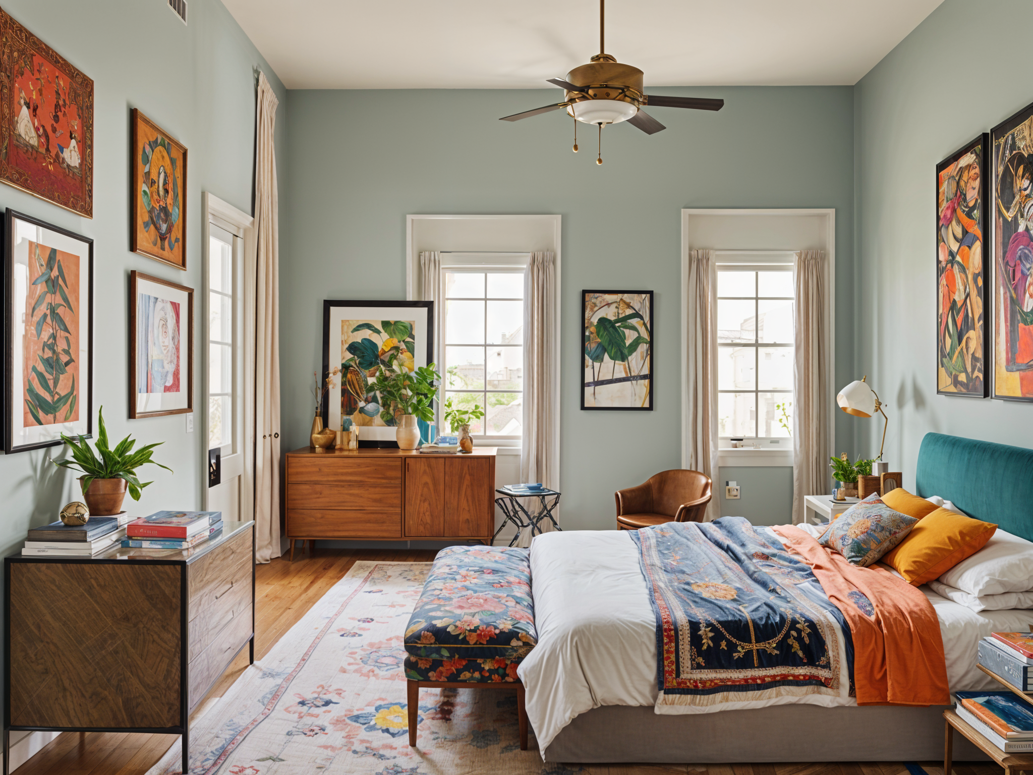 Eclectic bedroom with a large bed, chair, and dresser