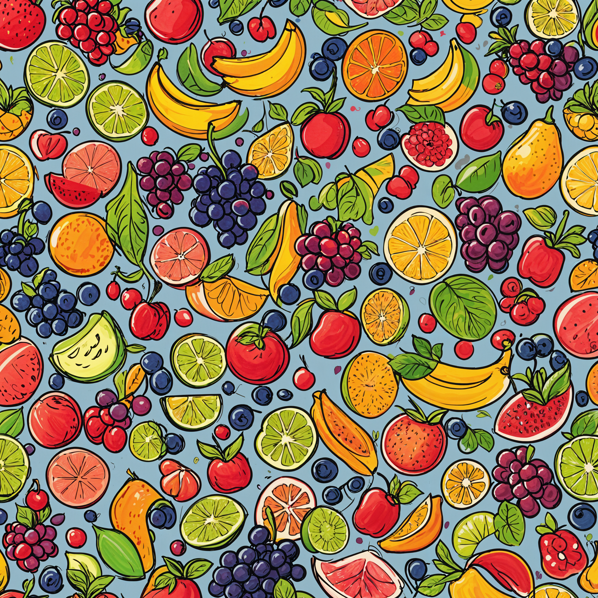 A colorful fruit design with various fruits such as bananas, apples, oranges, and blueberries.