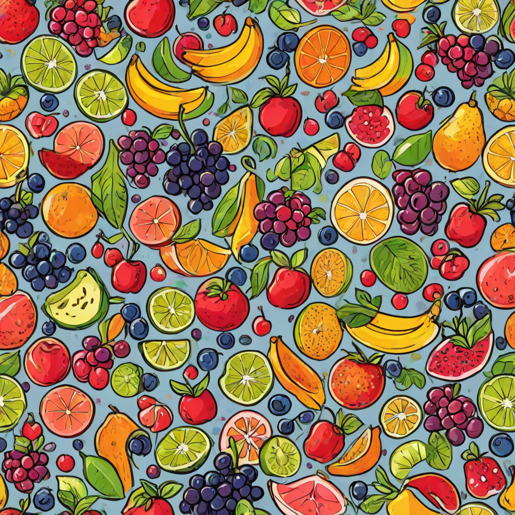 A colorful fruit design with various fruits such as bananas, apples, oranges, and blueberries.