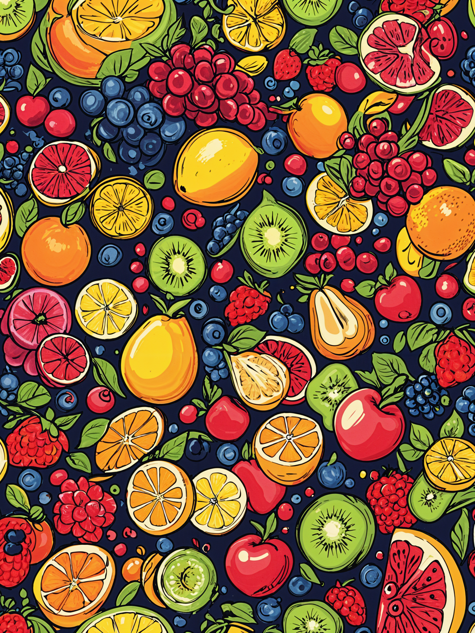 Fruit design with a variety of fruits such as apples, oranges, lemons, pears, blueberries, raspberries, and kiwi.