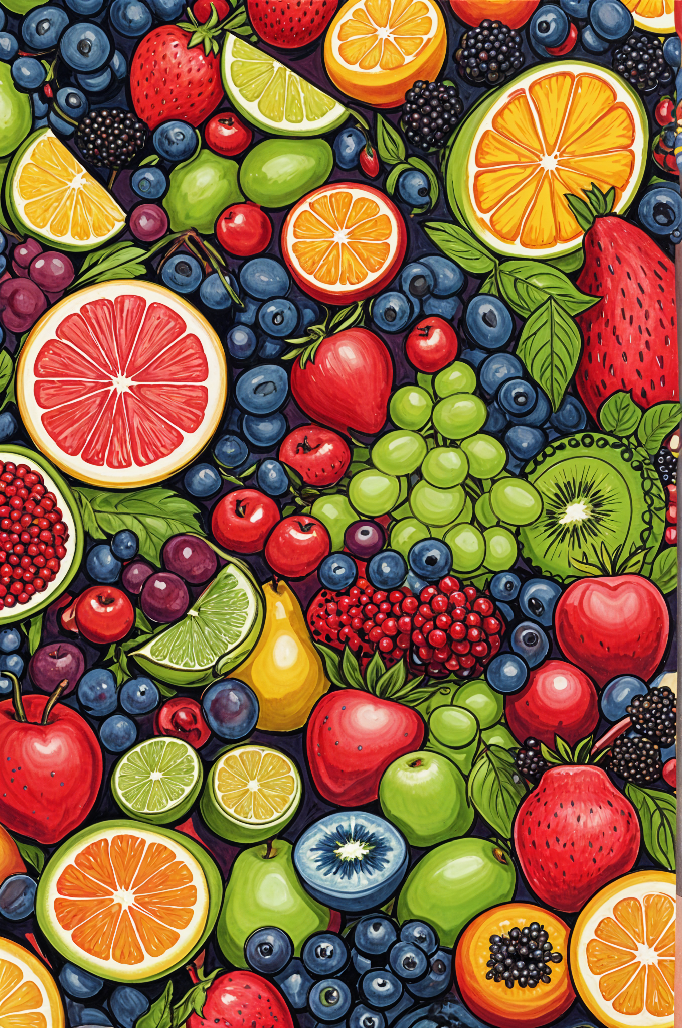 A cartoon painting of a fruit mix, featuring apples, oranges, strawberries, and grapes.