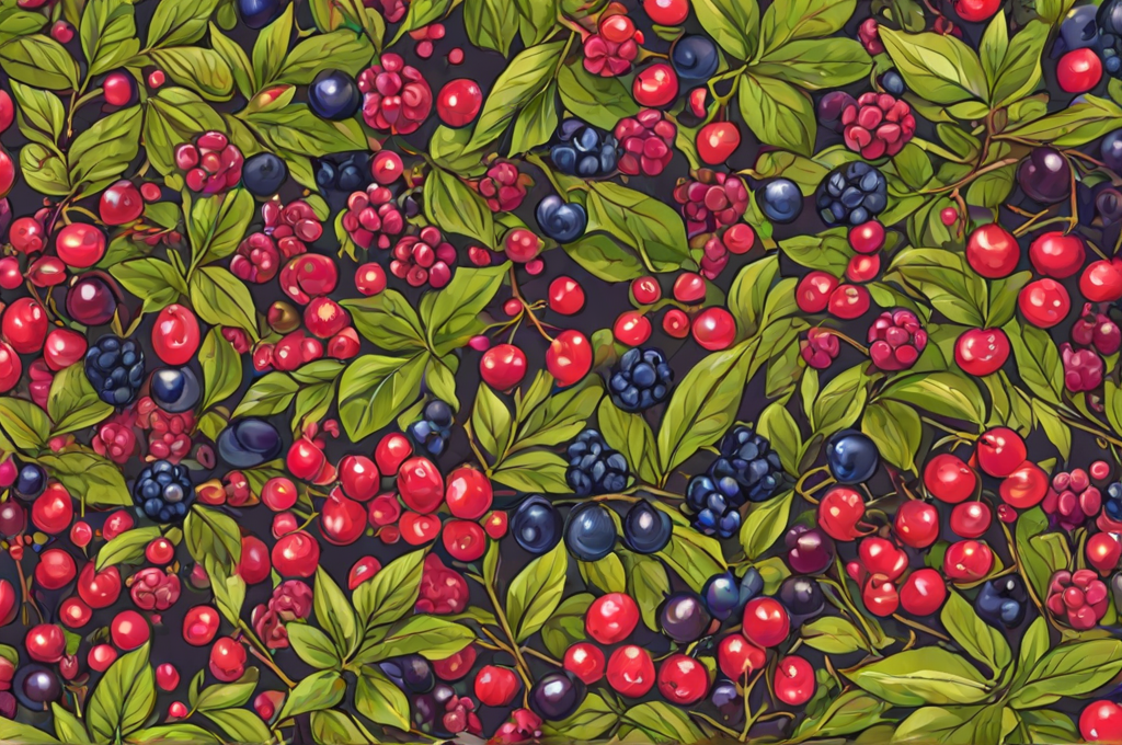 A painting of berries with green leaves. The berries are red and blue and are arranged in a visually pleasing manner. The leaves are green and add a natural touch to the artwork.