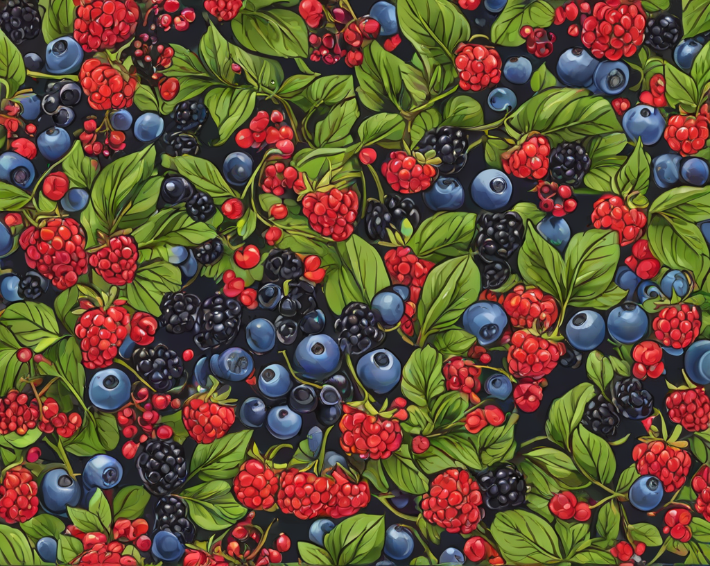 A painting of berries, including blueberries, raspberries, and blackberries. The berries are arranged in a visually appealing pattern, creating a lively and eye-catching design.