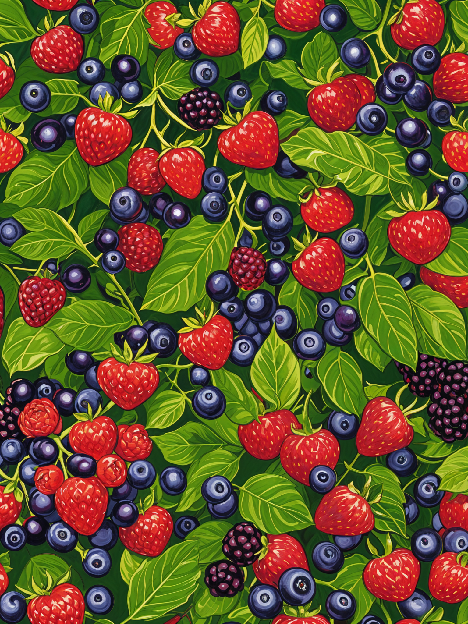 A colorful berry design featuring strawberries, blueberries, and raspberries.