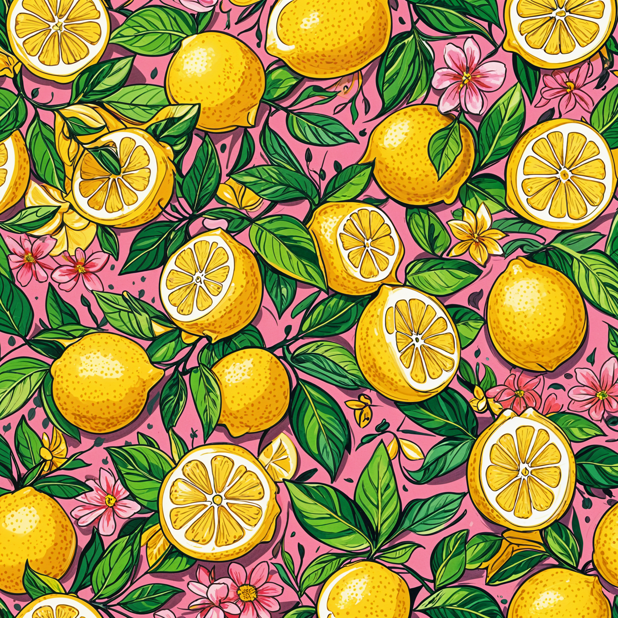 A painting of lemons with leaves and flowers around them.