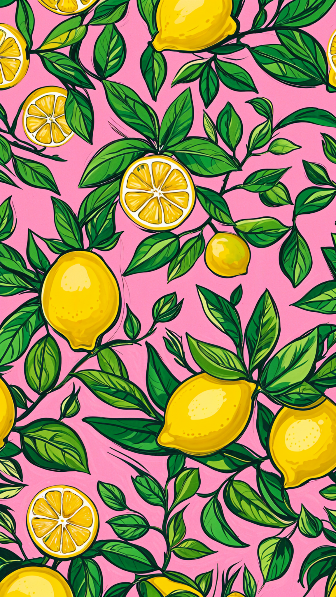 A painting of lemons on a pink background. The lemons are green and yellow and are surrounded by leaves. The painting is colorful and artistic.
