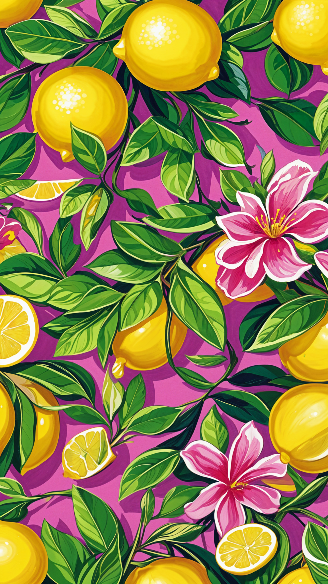 Colorful lemon and flower painting with vibrant colors and intricate details.