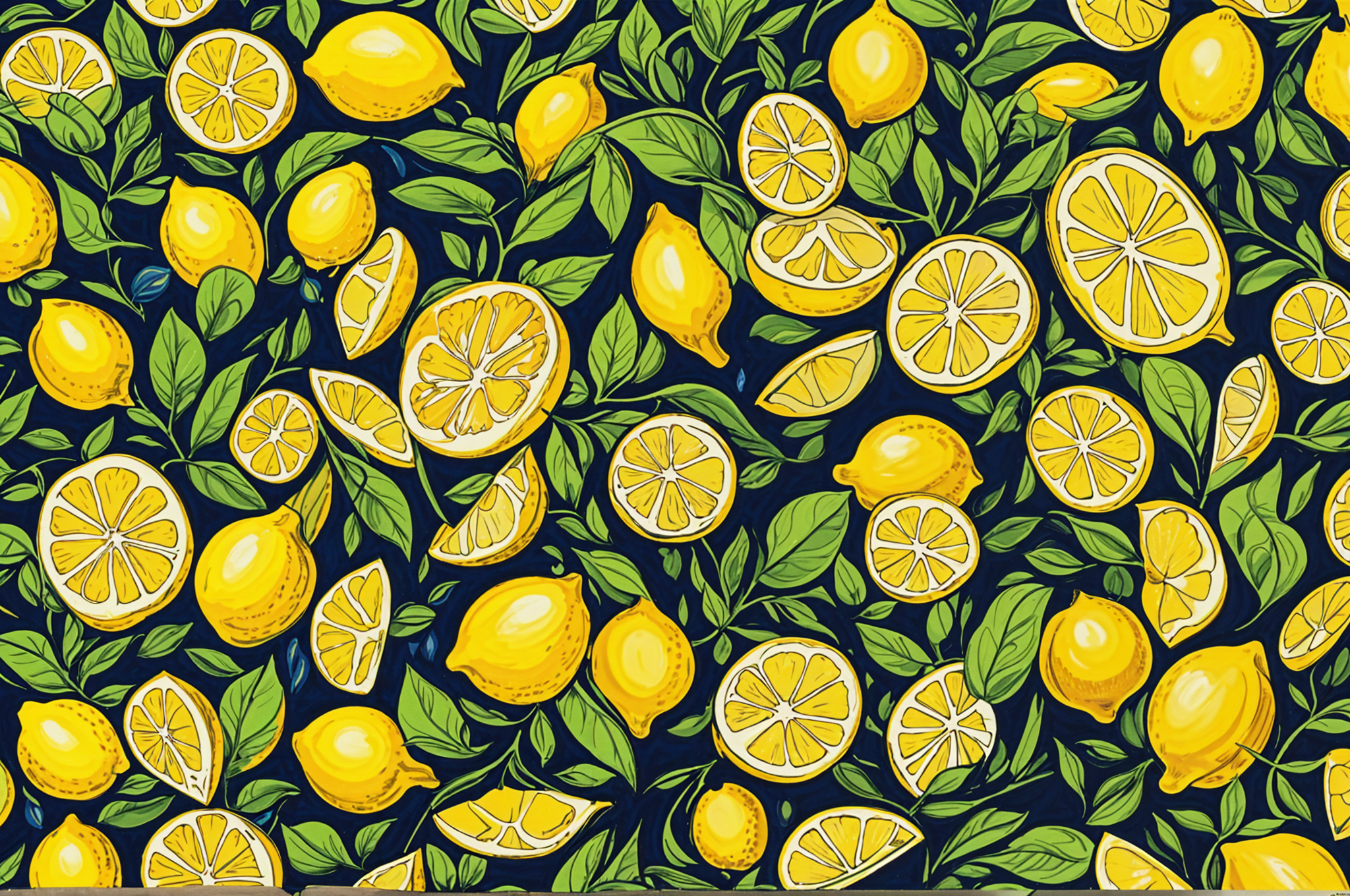 A pattern of lemons with green leaves on a blue background.