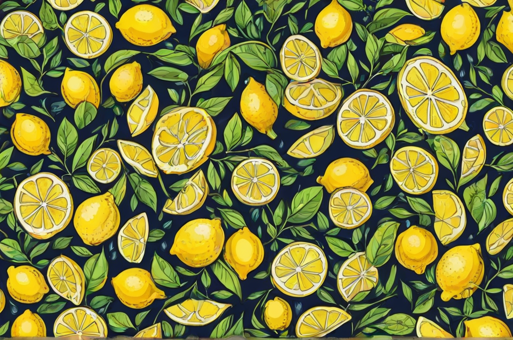 A pattern of lemons with green leaves on a blue background.