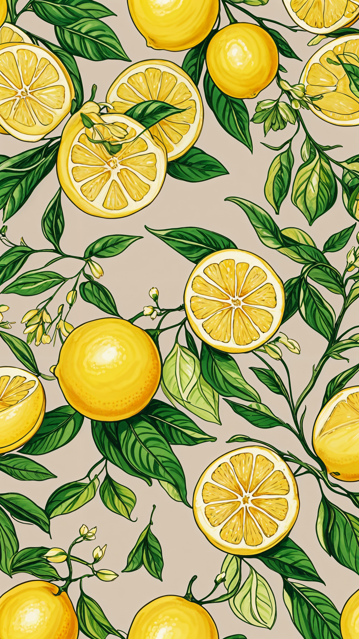 A painting of lemons hanging from a tree with green leaves. The lemons are yellow and ripe.