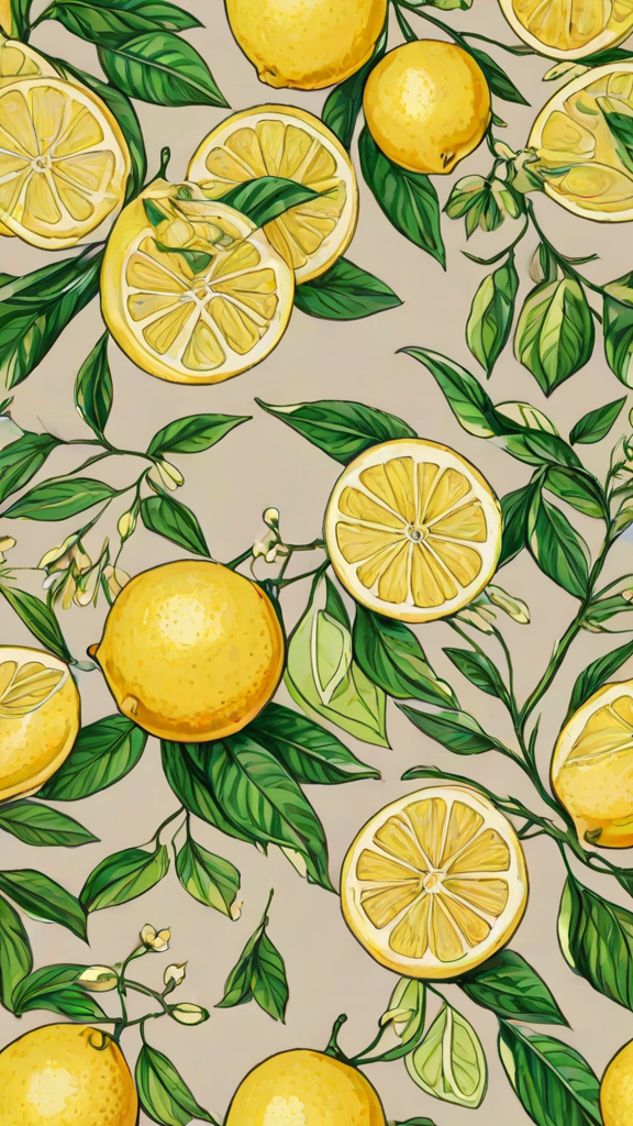 A painting of lemons hanging from a tree with green leaves. The lemons are yellow and ripe.