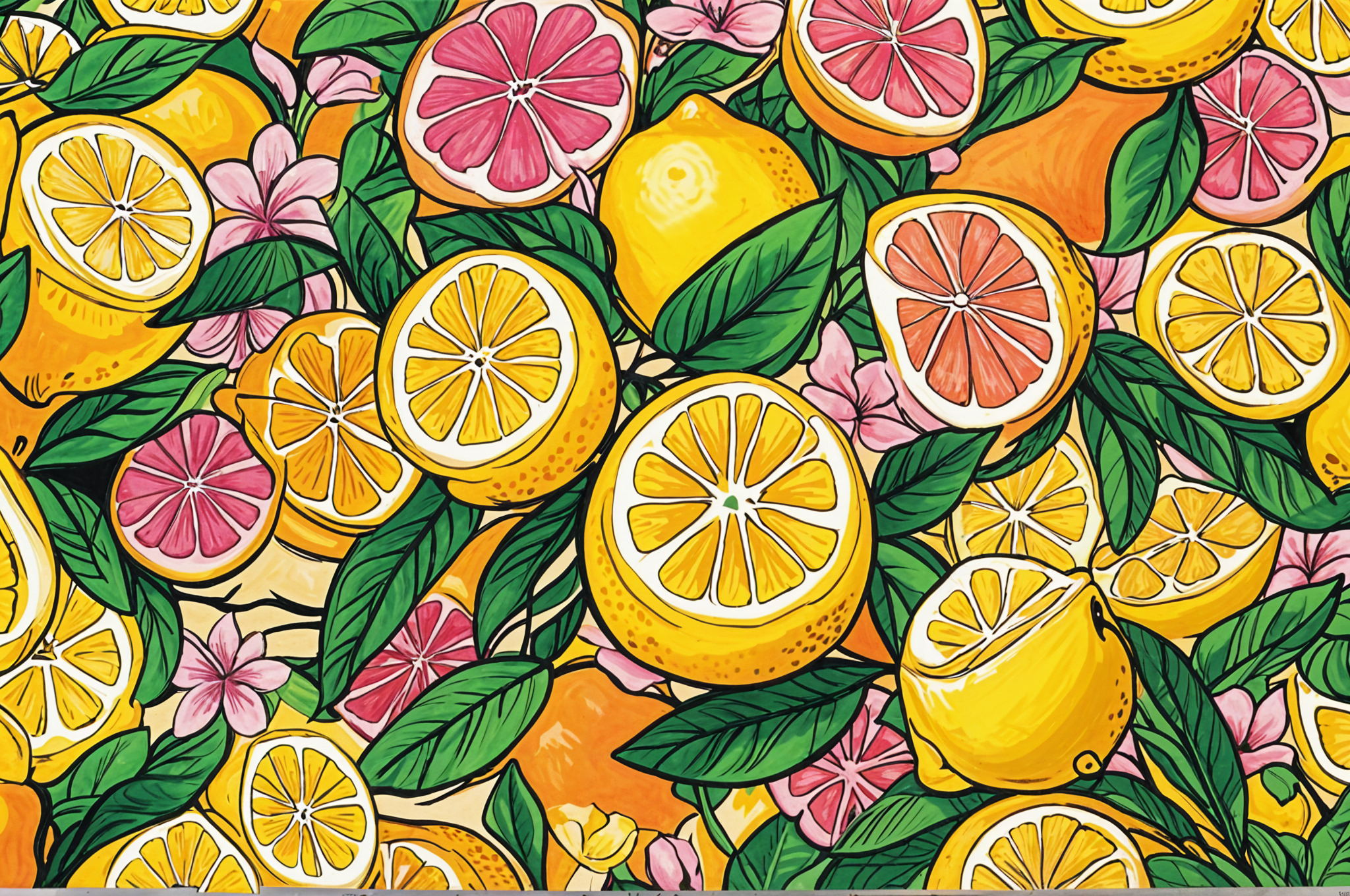 A painting of oranges and lemons with green leaves, creating a lively and colorful scene.
