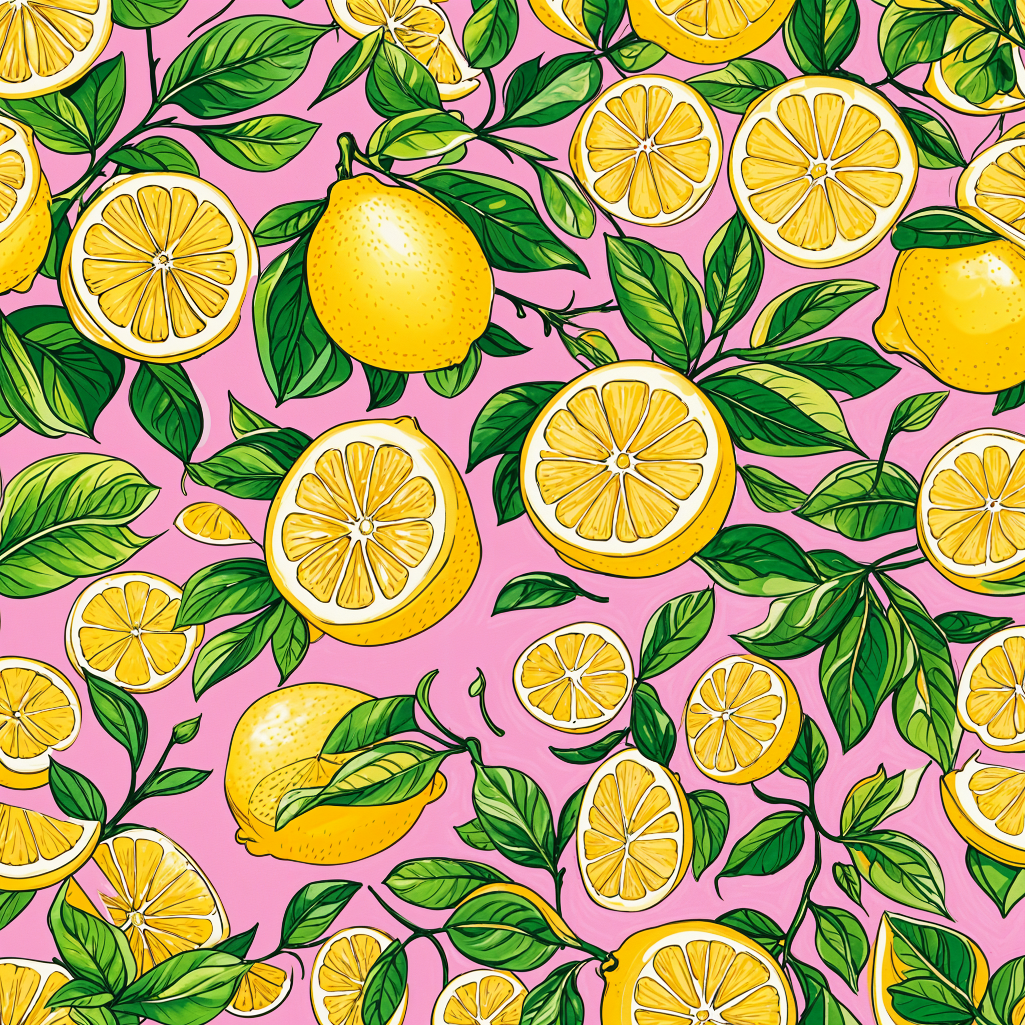 A painting of lemons on a pink background with green leaves.