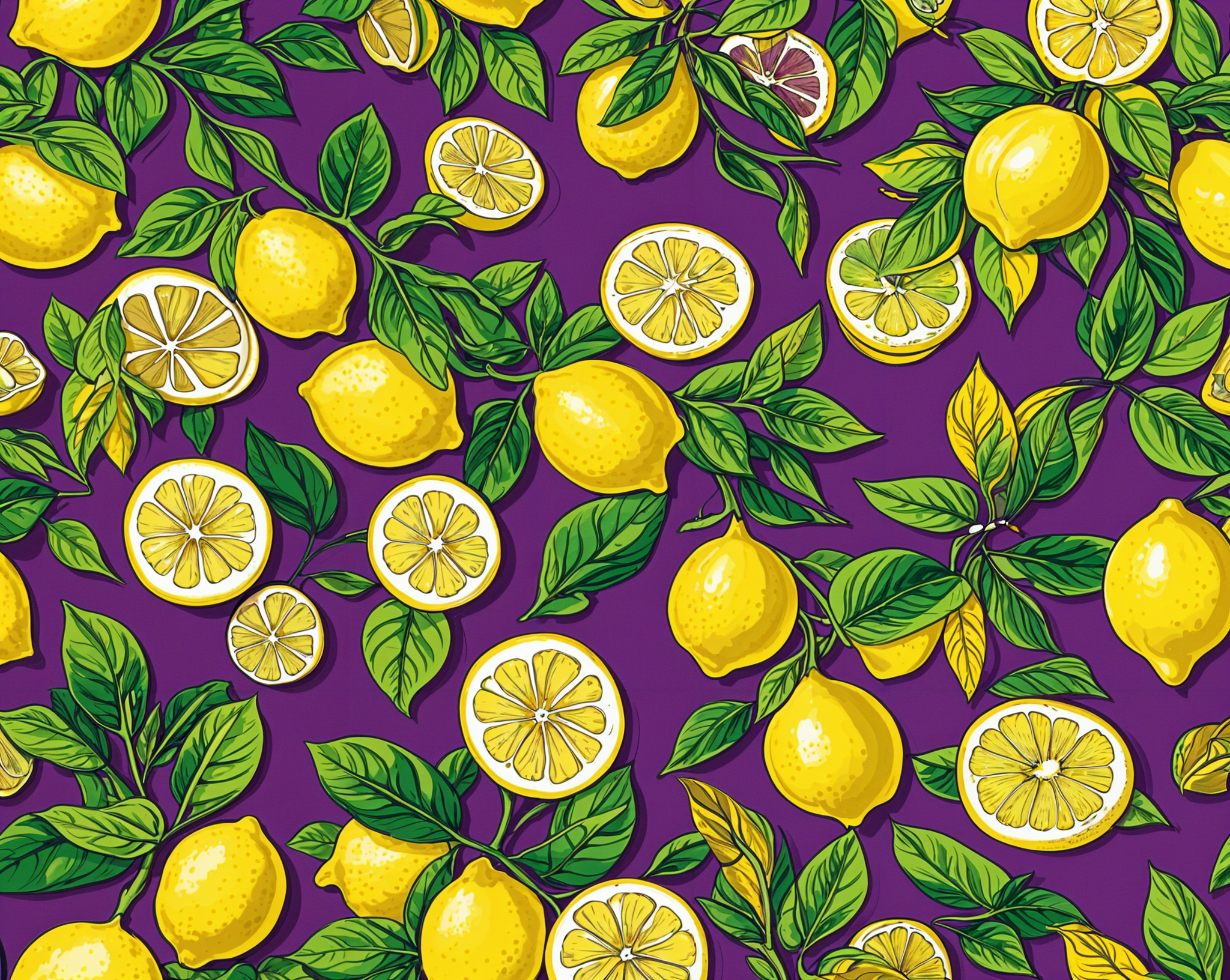 A pattern of lemons and leaves on a purple background.