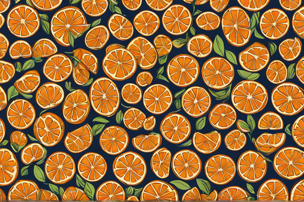 A pattern of oranges on a blue background with green leaves. The oranges are arranged in a circular pattern, with some overlapping each other. The leaves are positioned around the oranges, adding a touch of greenery to the design.